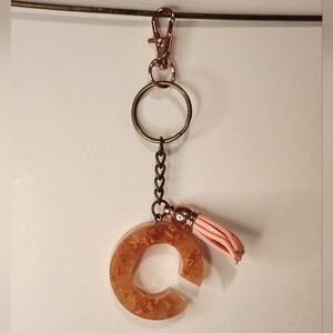 5” Handmade Letter “C” Resin Peachy Rose Gold Leaf Tassel Keychain
